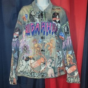 Sugarhill embroidery retro light wash 7 sins printed graphic denim jacket Large